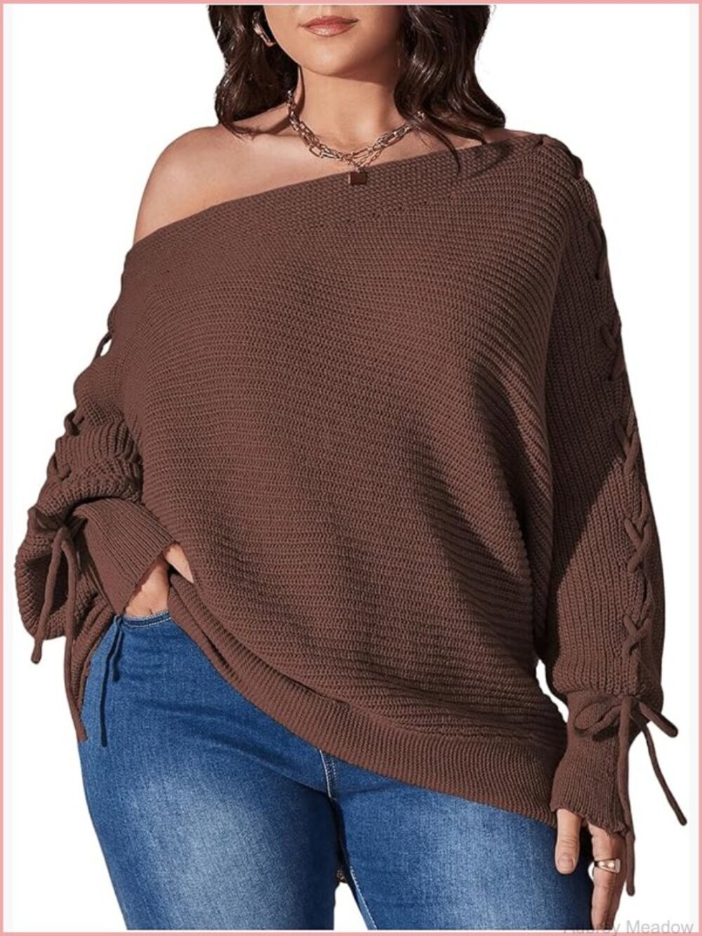Off the Shoulder Lace Up Long Sleeve Pullover Knit Sweater